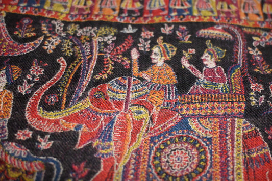 Mughal Design| Beige on  Blue Border Pink Orange Embroidery