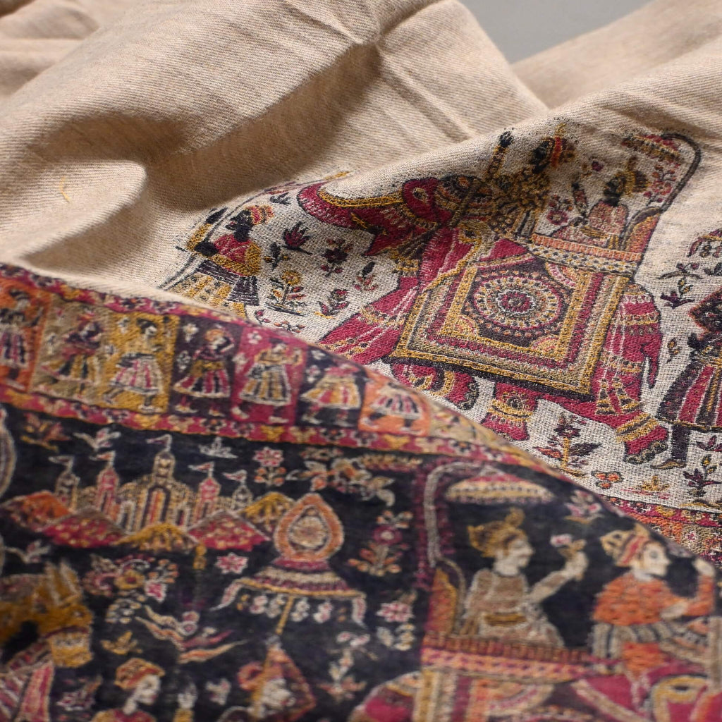 Mughal Design| Beige on  Blue Border Pink Orange Embroidery